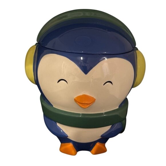 Ceramic Penguin Bird Blue Cookie Jar Wearing Head Set - Picture 2 of 6